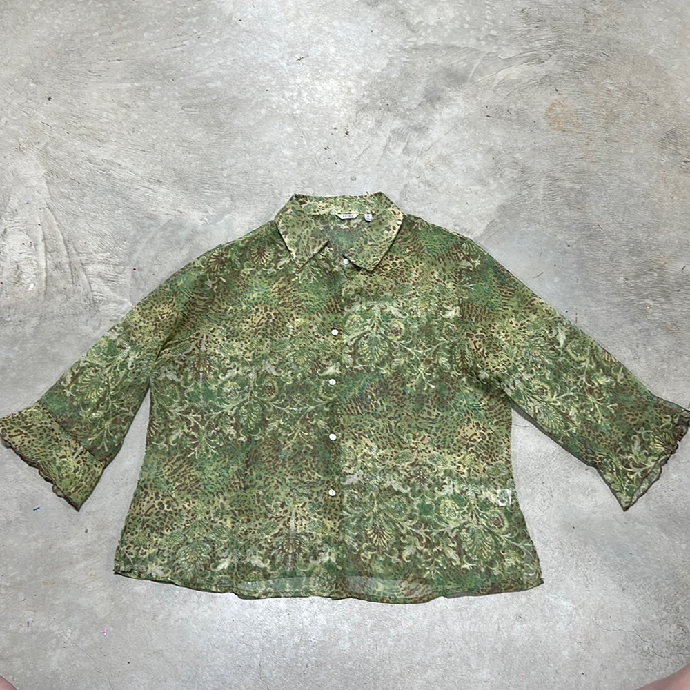 Green with brown / aqua blue design sheer top /‎ Size XL